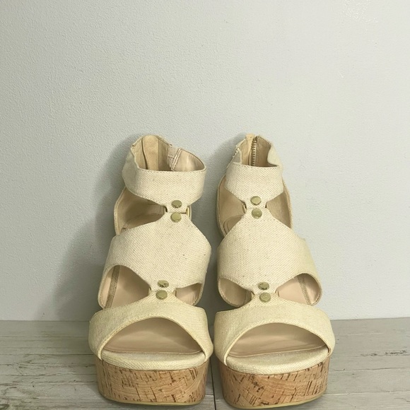 KARL LAGERFELD Savoie Canvas Cork Wedge Heel Open Toe Sandals - Picture 2 of 10